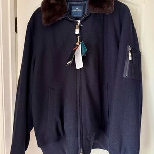 Brooks Brothers Blue and Brown Fur Collar Bomber Jacket NWT